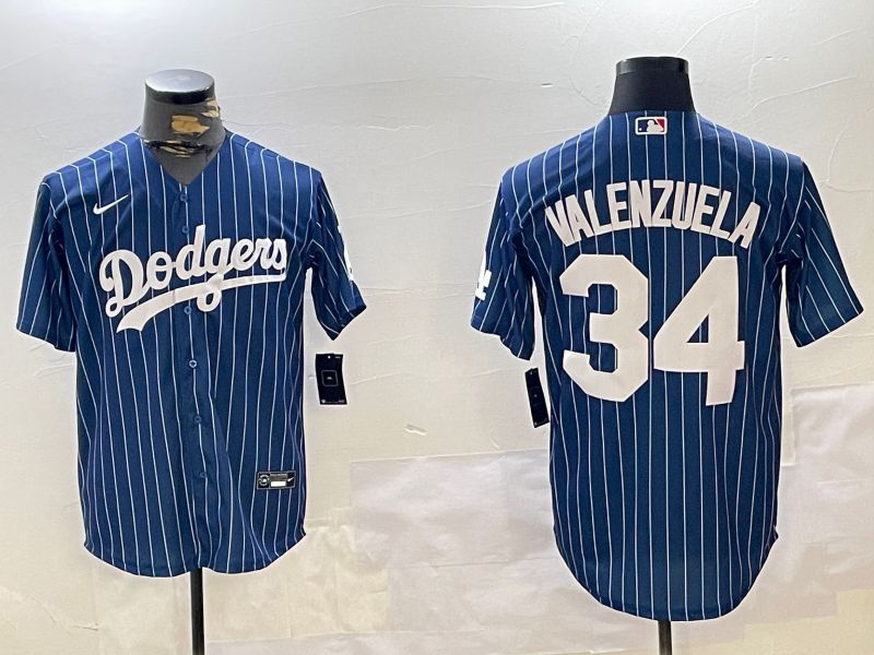 Men Los Angeles Dodgers 34 Valenzuela Blue Stripe Game 2024 Nike MLB Jersey style 1120